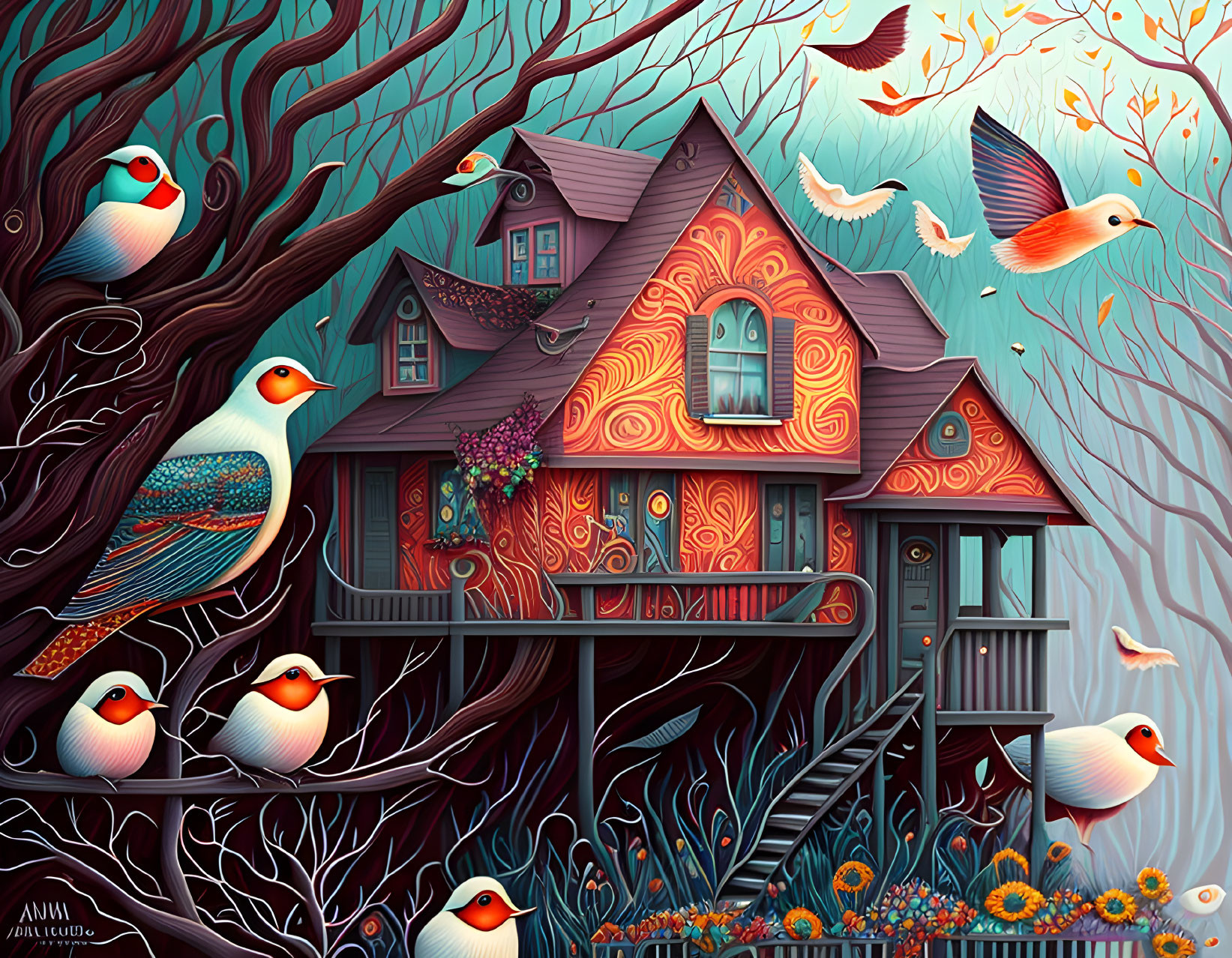 Colorful whimsical illustration of vibrant treehouse cottage and birds