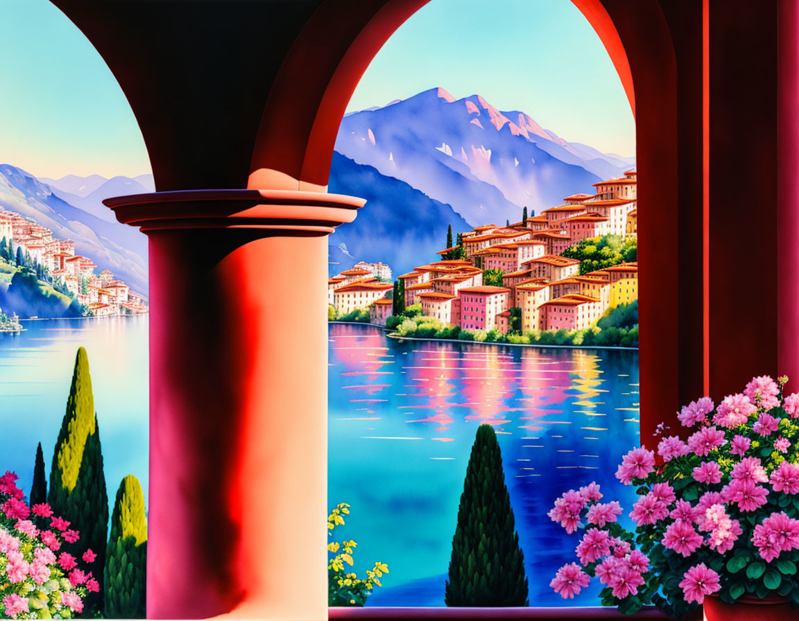 Scenic lakeside village painting with lush florals, calm waters, and towering mountains