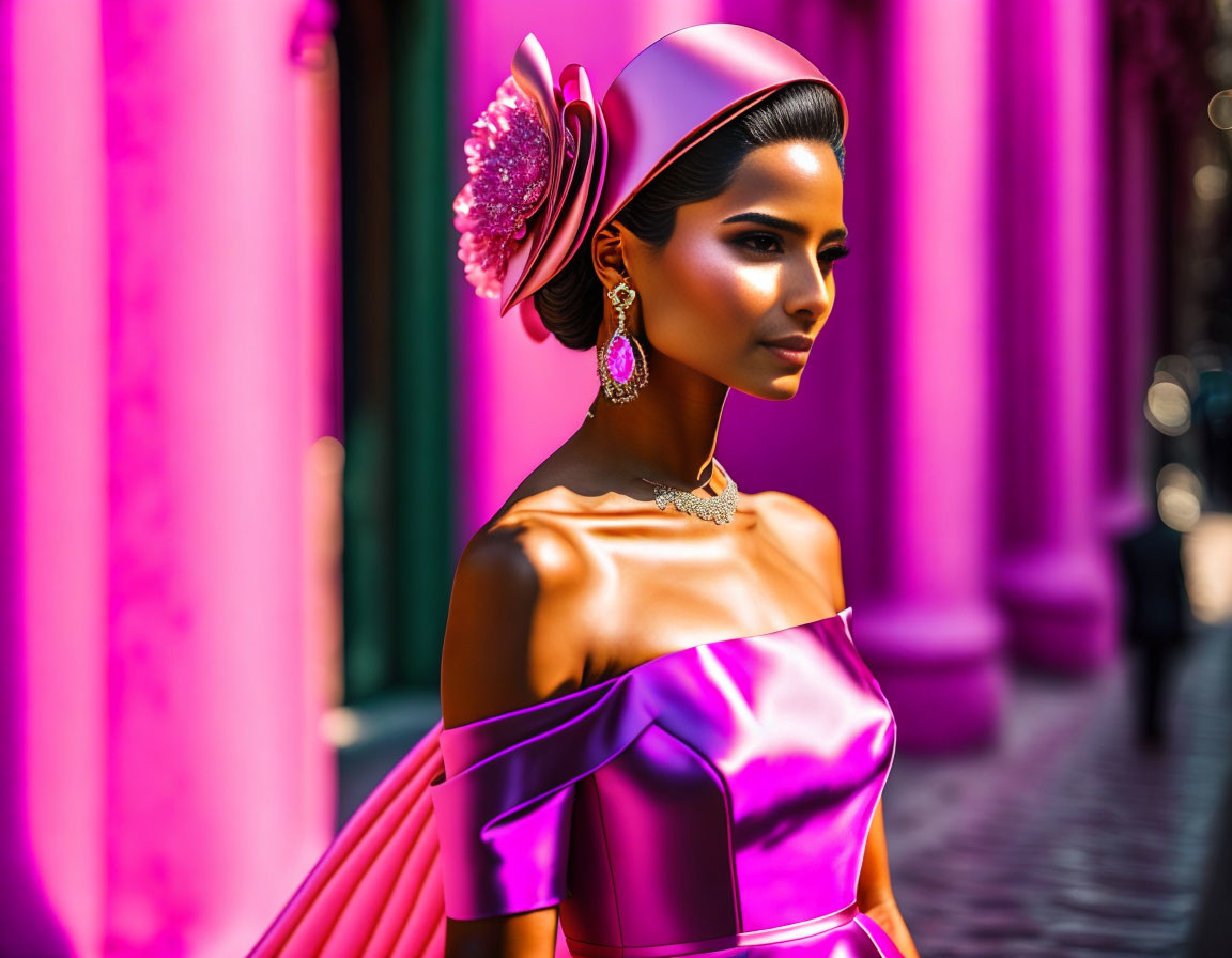 Stylish woman in satin off-shoulder dress and hat on pink background