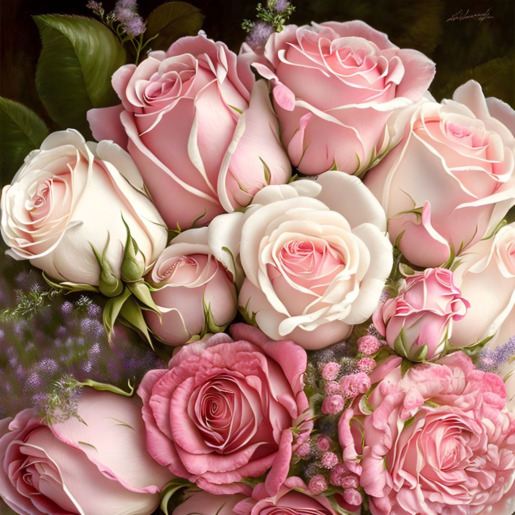 Vibrant pink and white rose bouquet with greenery landscape