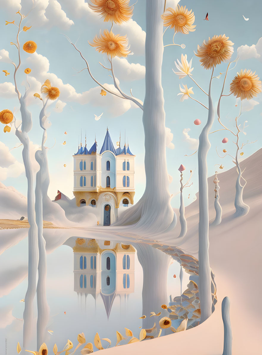 Surreal landscape with white trees, floating castle, sunflowers, and dandelion seeds