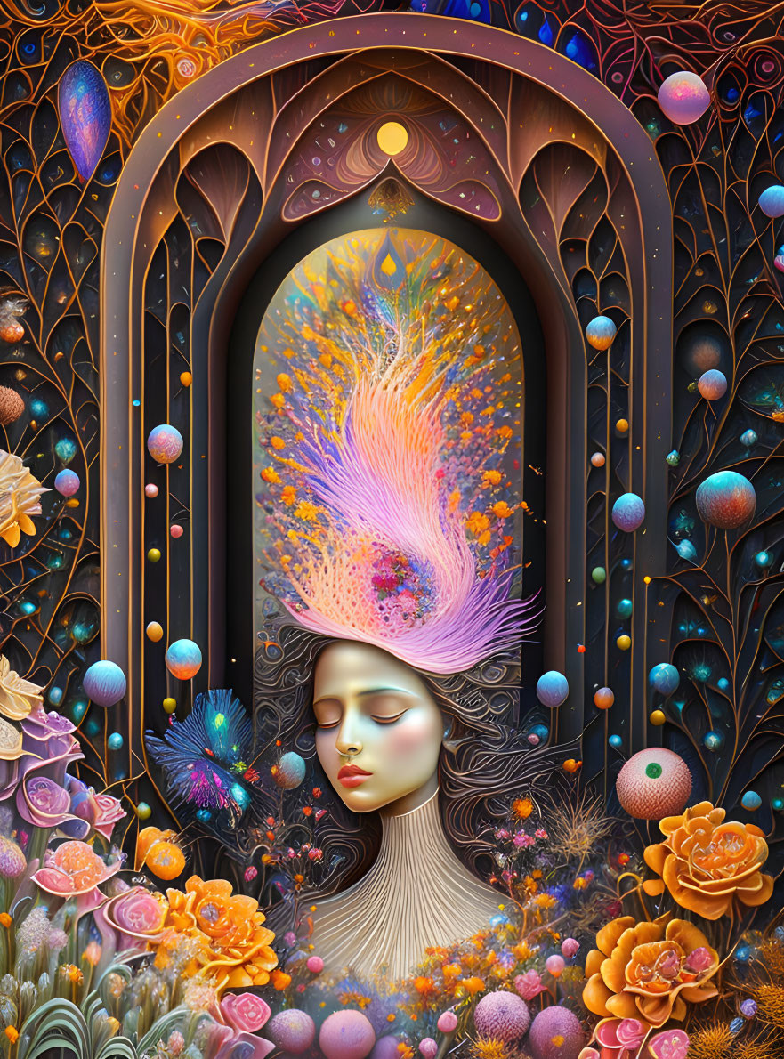 Colorful surreal illustration of a serene woman with peacock headdress.