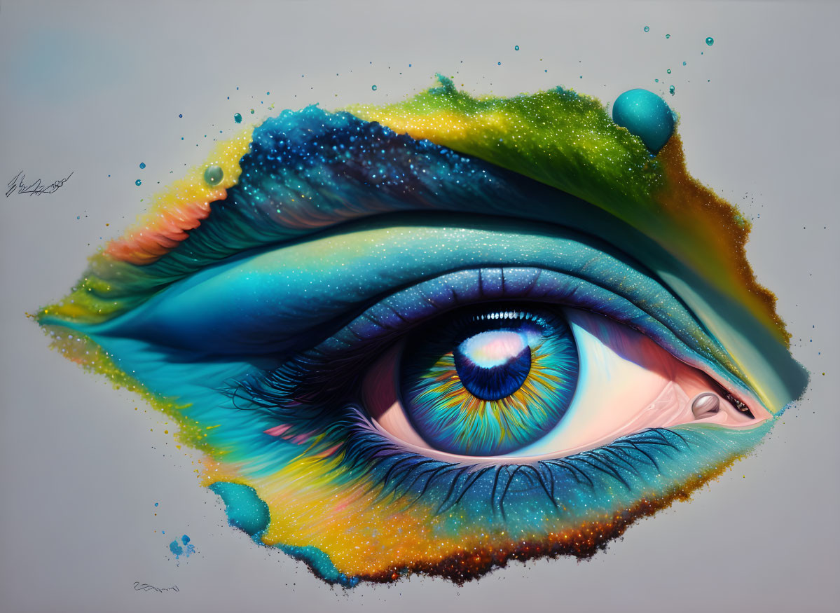 Colorful human eye artwork with blue, green, and yellow splash effect