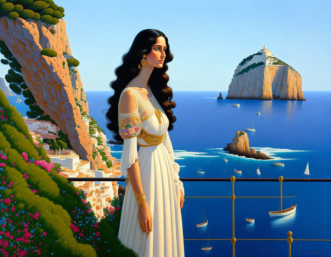 Illustrated woman in white Grecian dress on balcony overlooking seaside town and cliffs