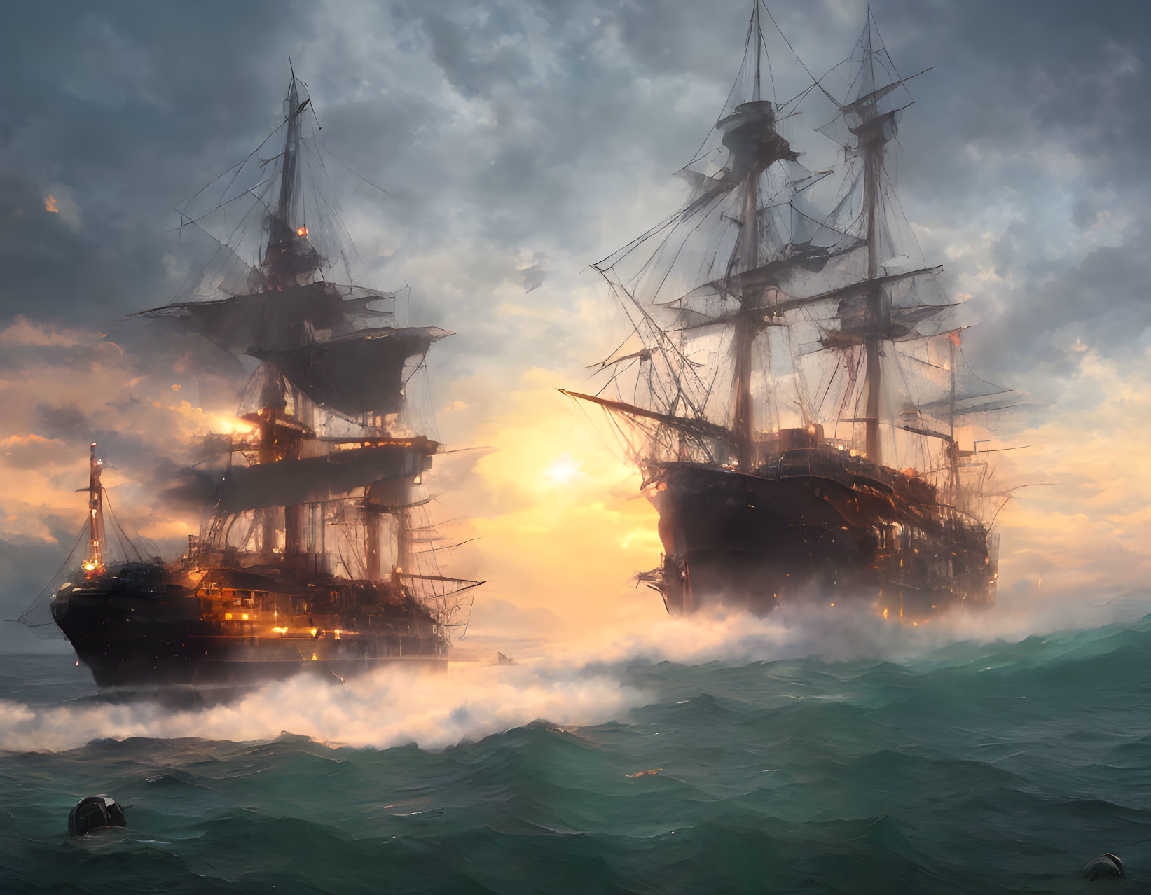 Tall ships with billowing sails on misty waves at sunset