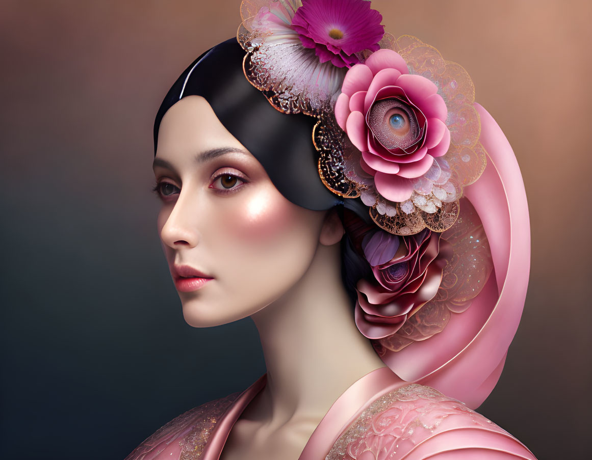 Surreal portrait: Woman with eye in floral arrangement