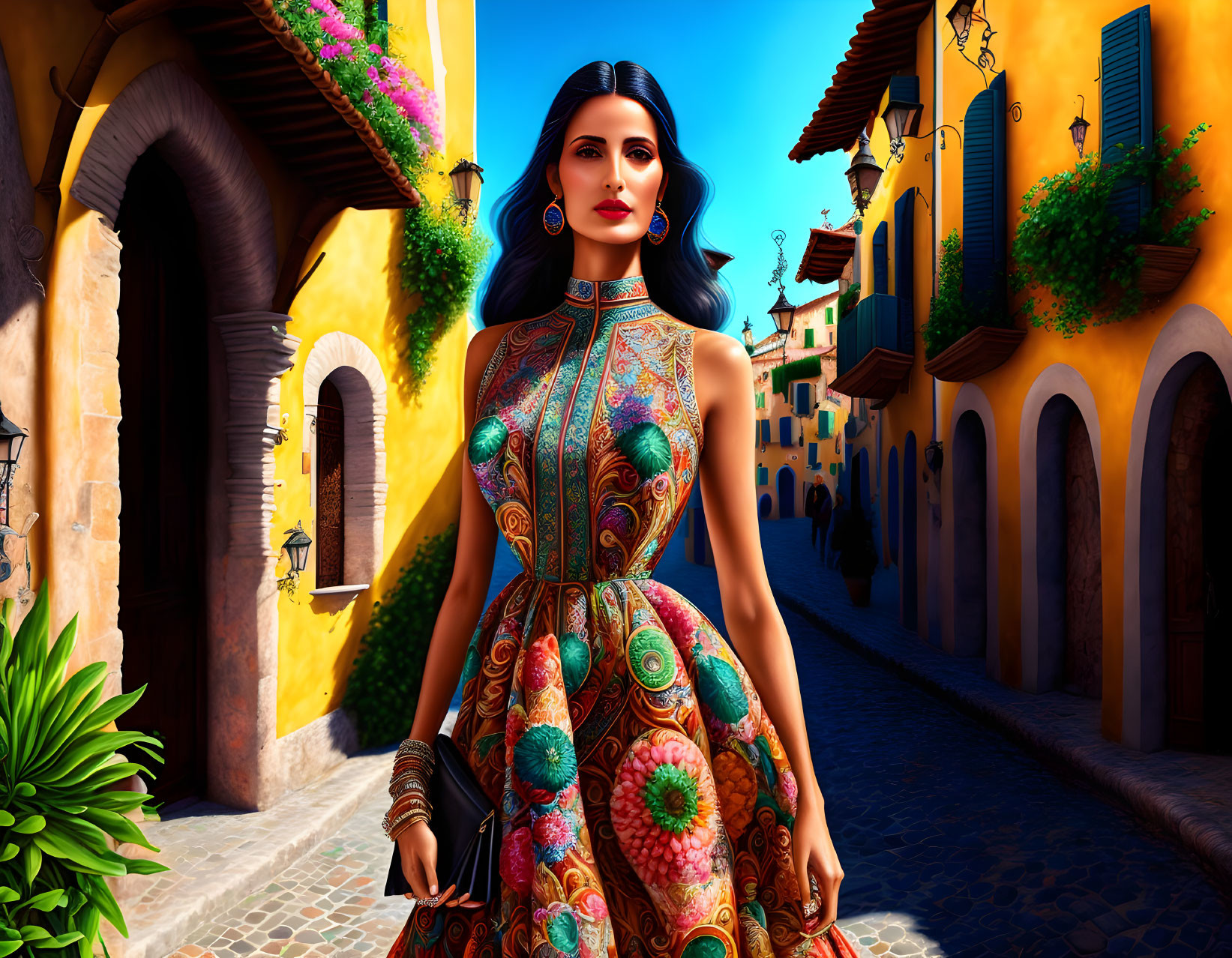 Woman in vibrant dress on colorful street with blooming flowers