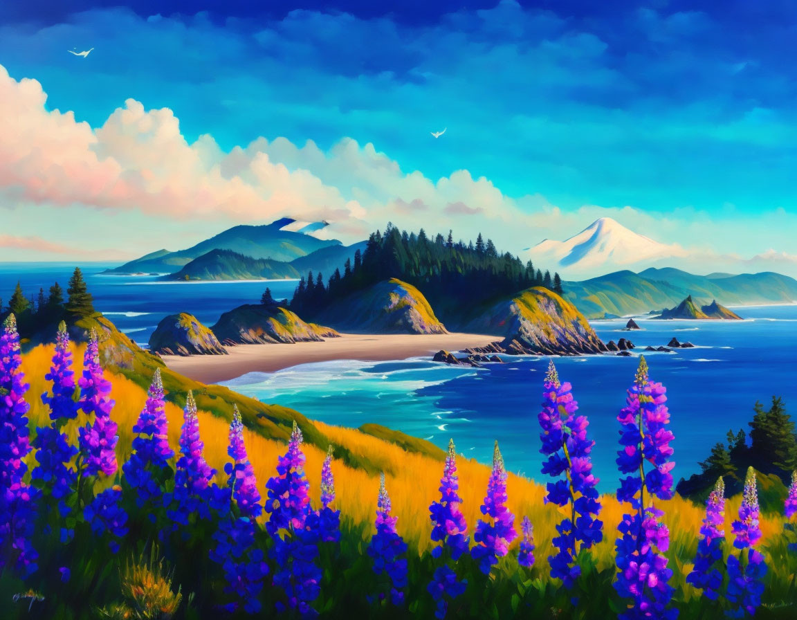 Coastal landscape painting with lupine flowers, beach, forests, mountains, and birds