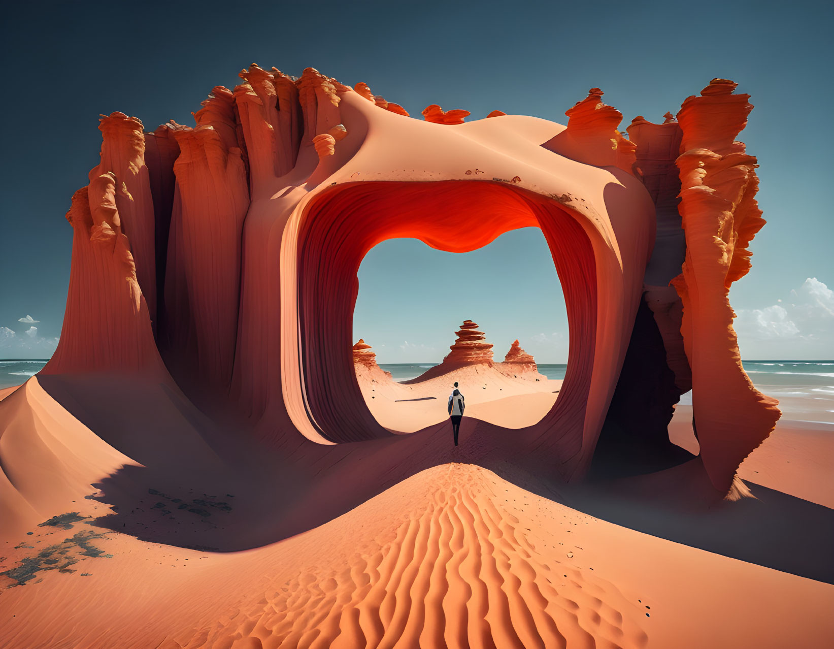 Person standing in front of diminishing natural arches in vast orange desert