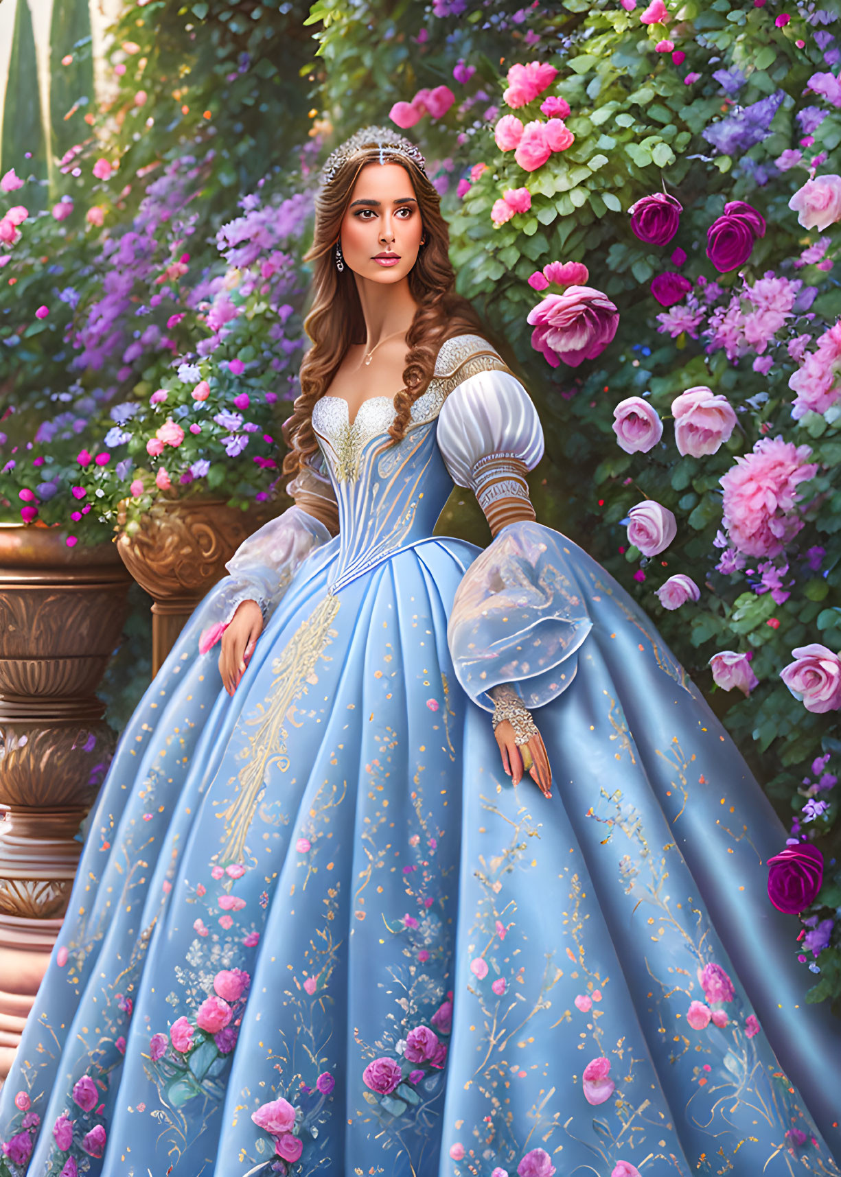 Woman in blue & white gown surrounded by roses in garden.