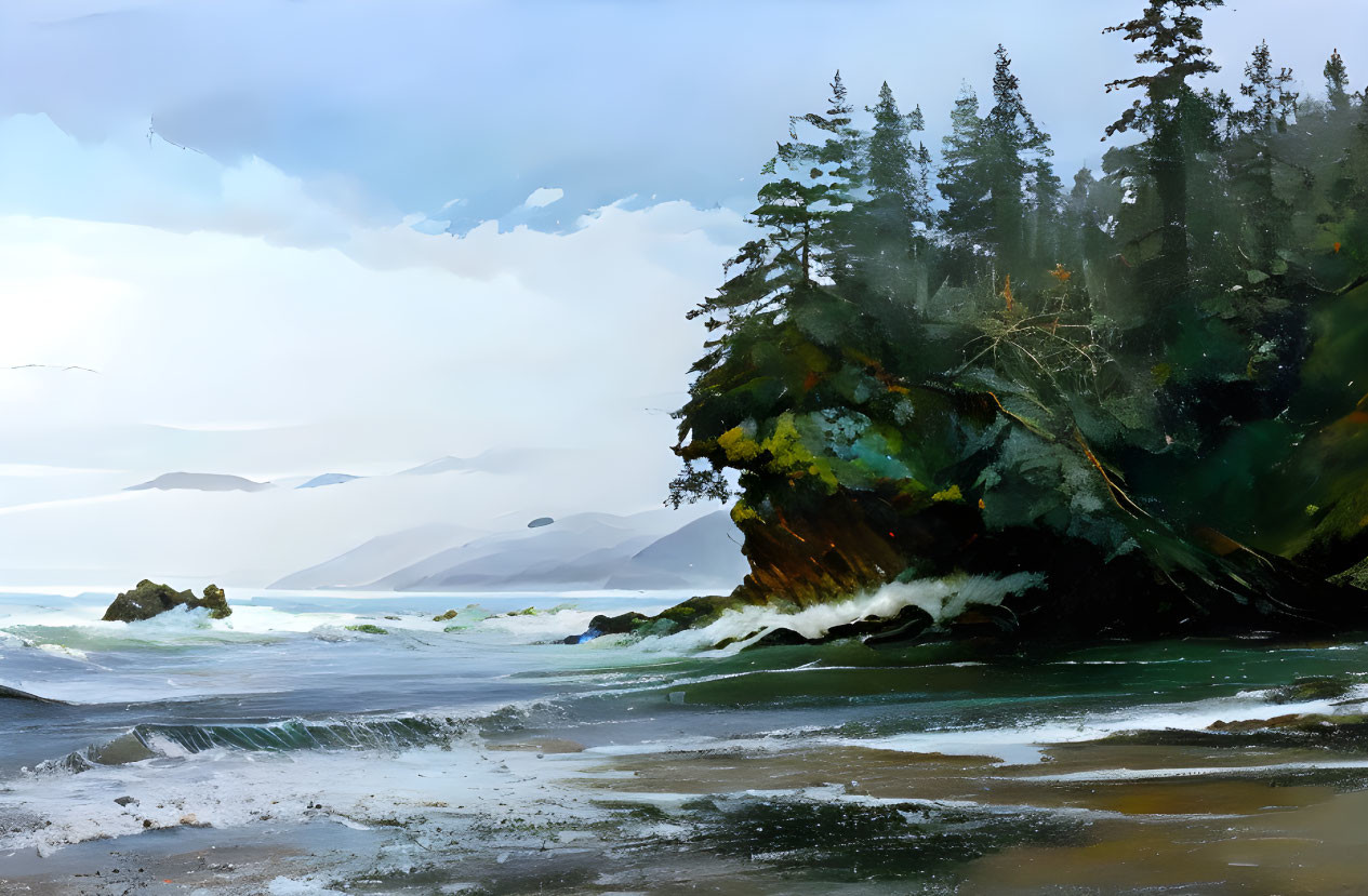 Tranquil coastal landscape with waves, evergreen-covered rocks, and misty mountains