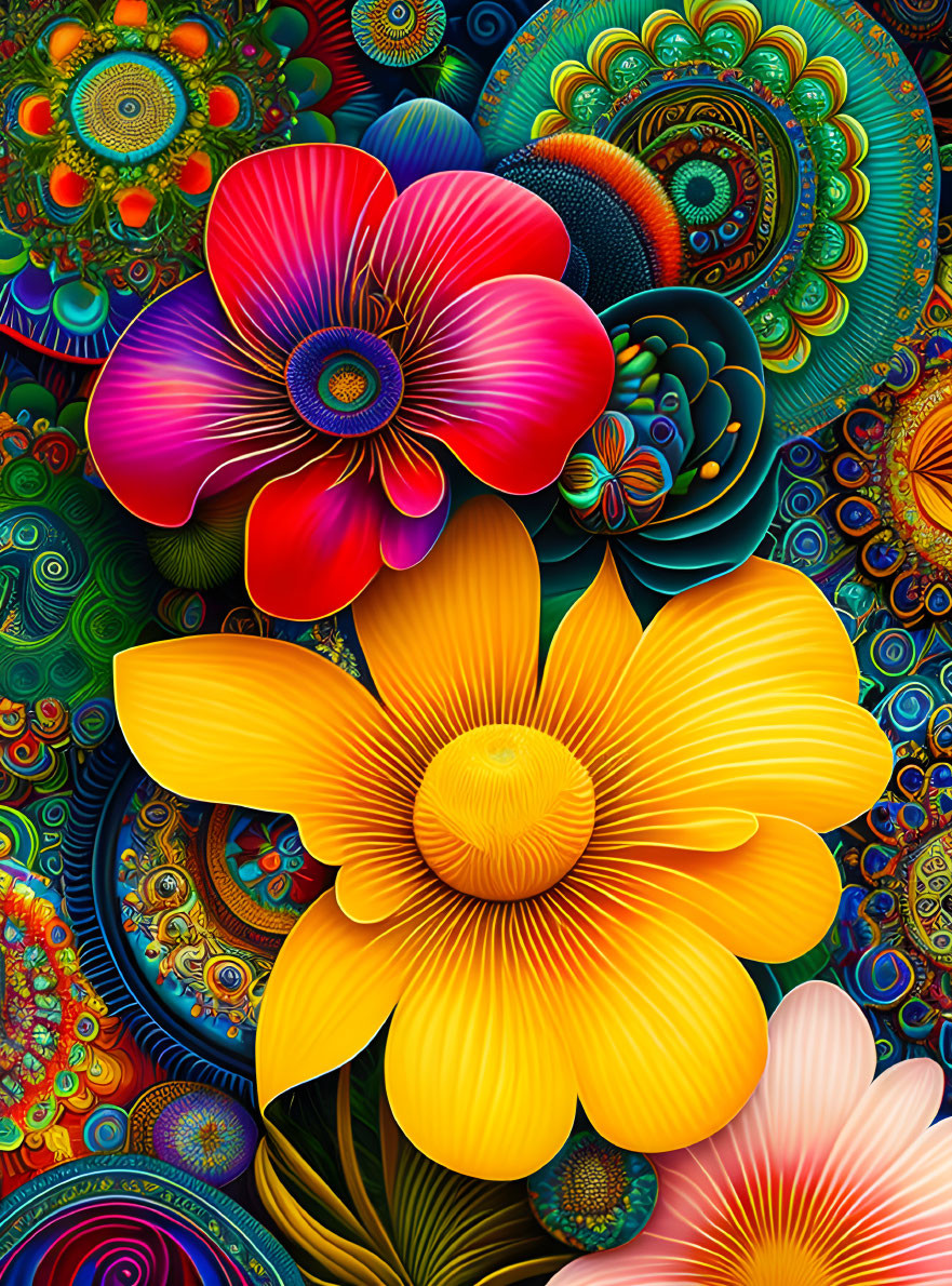 Colorful Stylized Flowers on Psychedelic Background