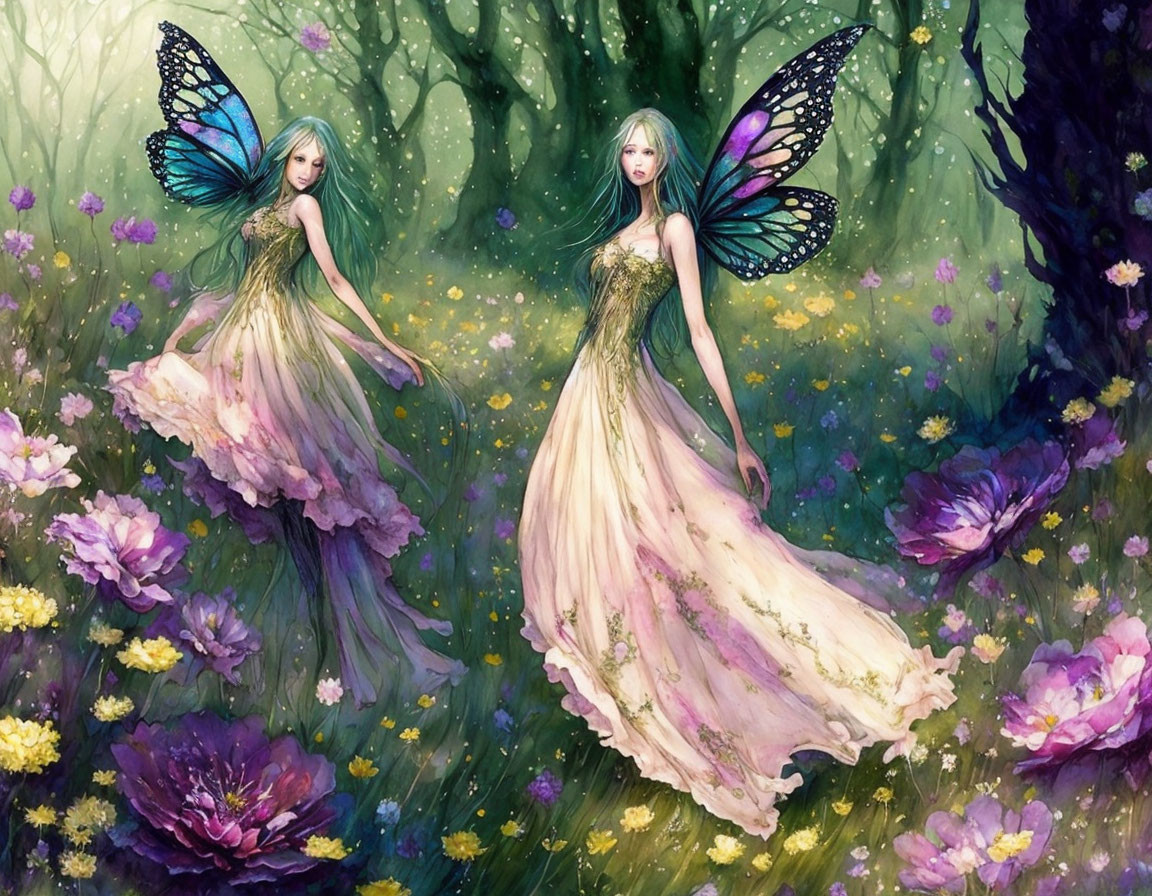 Ethereal fairies with butterfly wings in lush forest glade