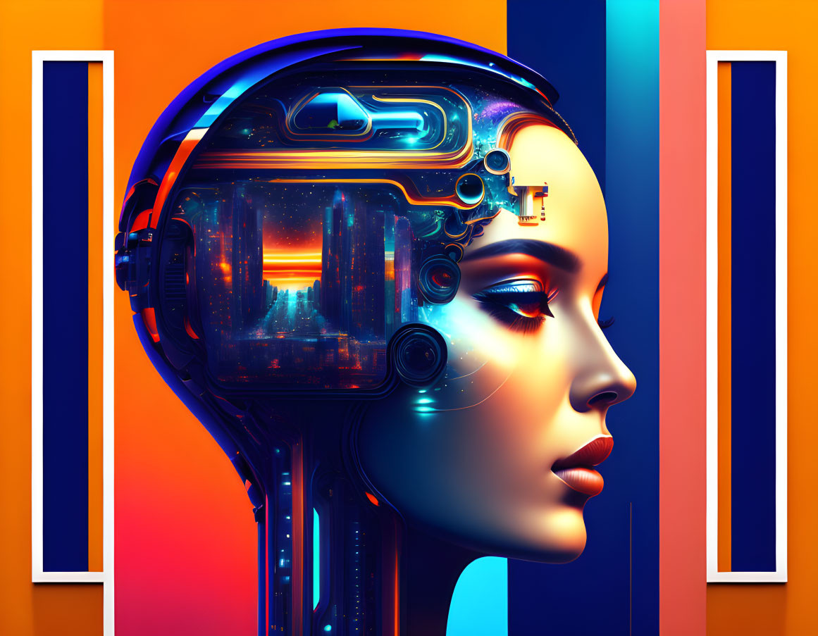 Futuristic female android digital artwork with open head compartment.