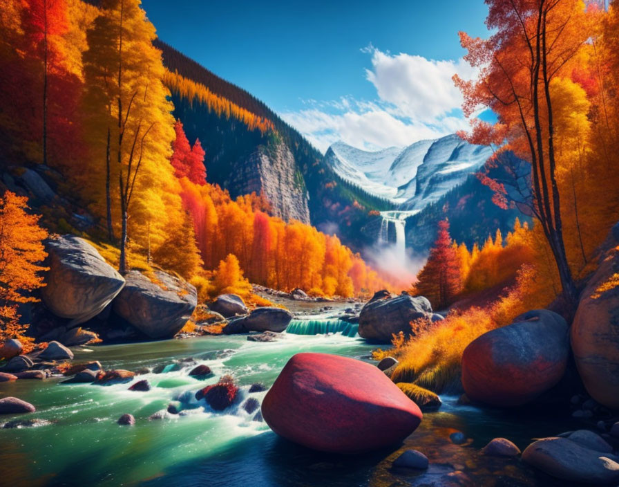 Colorful Autumn Forest with River and Mountains