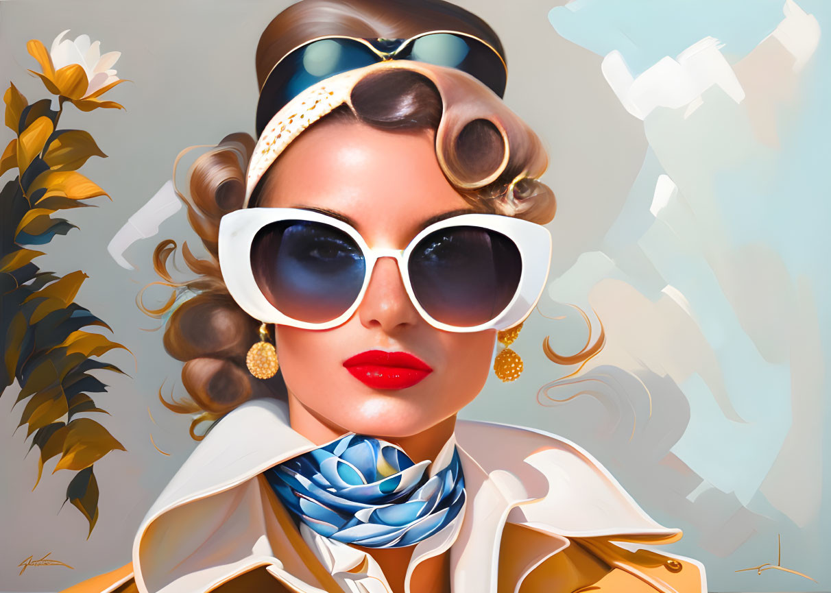 Stylized portrait of woman with curled hair, white sunglasses, scarf, and red lipstick