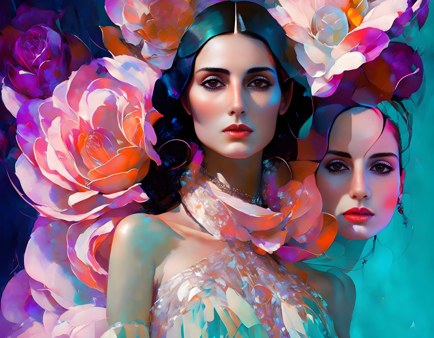 Colorful digital art: Two women with striking features amid oversized flowers