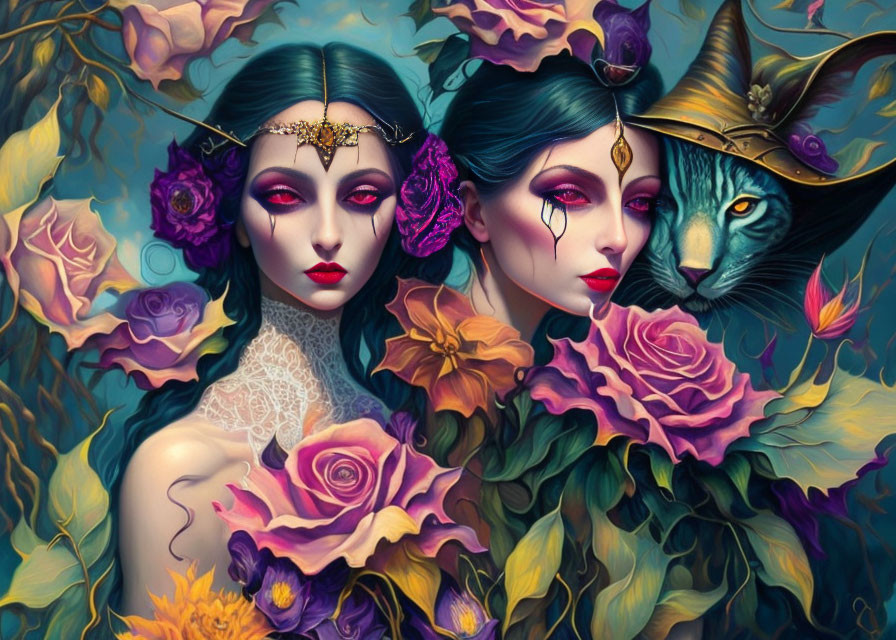 Stylized women with striking makeup, blue cat in hat, colorful flowers