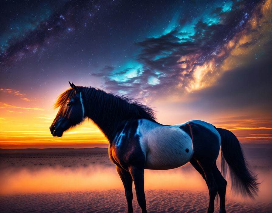 Majestic horse in desert at sunset with vibrant sky.