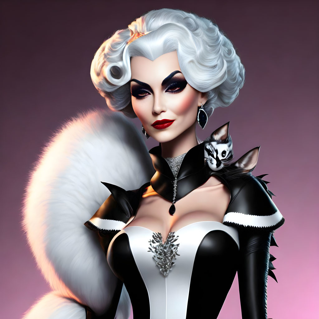 Illustrated woman with white hair, dramatic makeup, black and white outfit, holding a matching cat