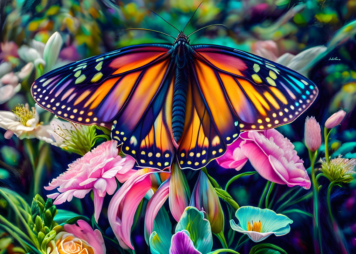 Colorful Monarch Butterfly Digital Painting on Flowers