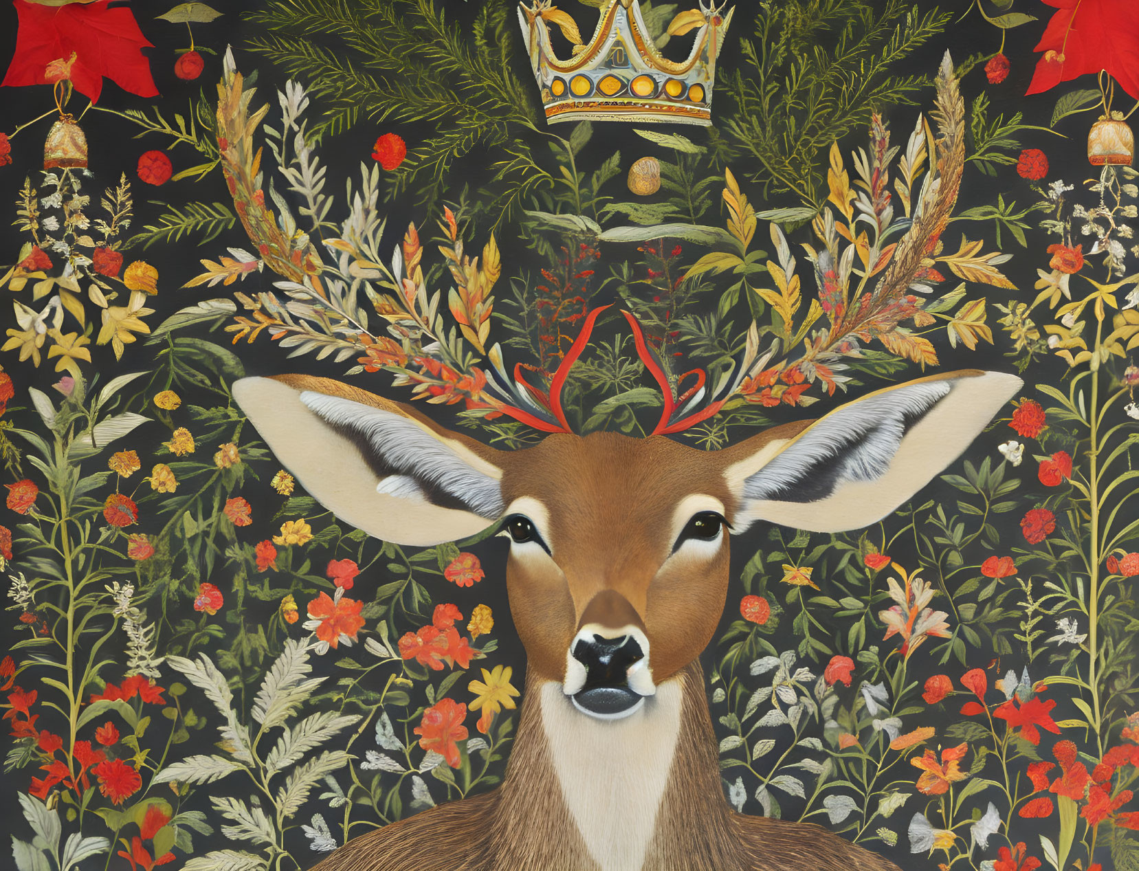 Whimsical deer with crown and festive foliage on black background.