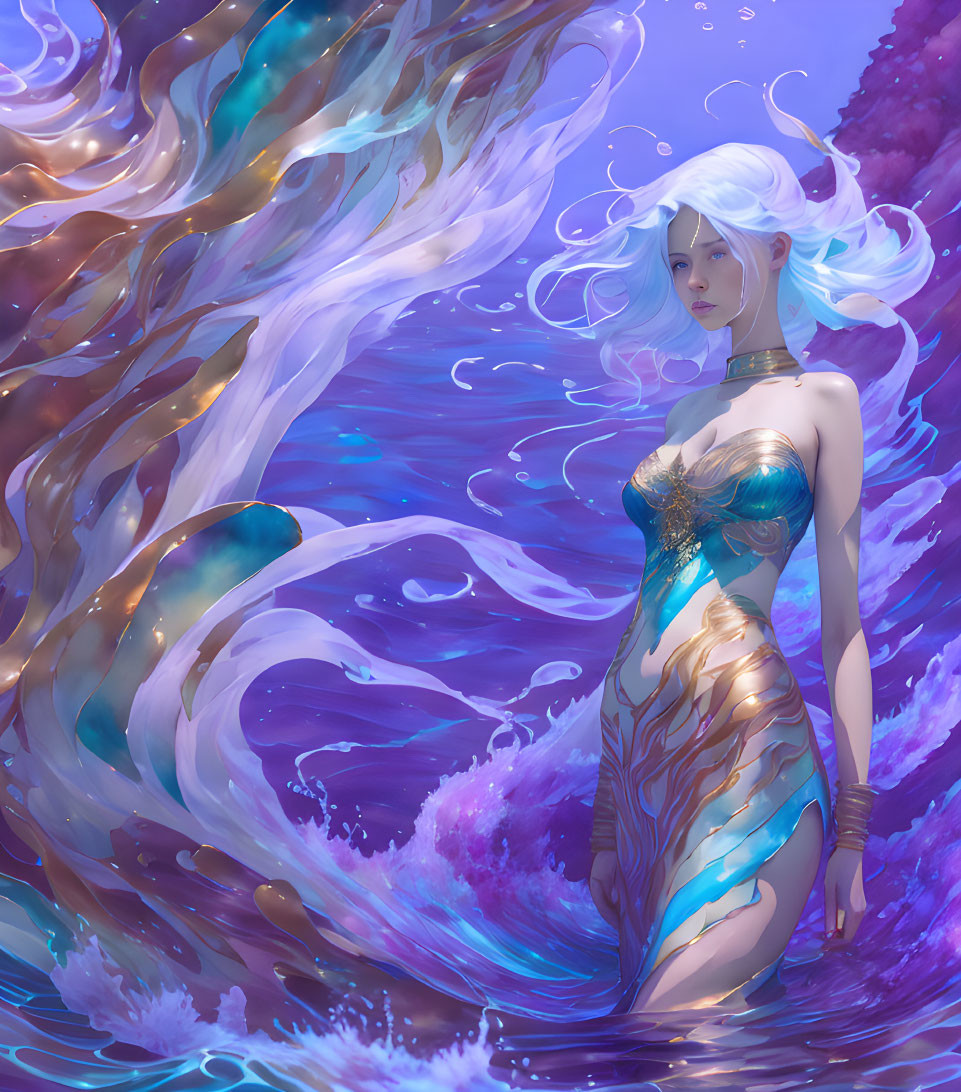 Ethereal mermaid with white hair and golden turquoise tail in swirling ocean waters.