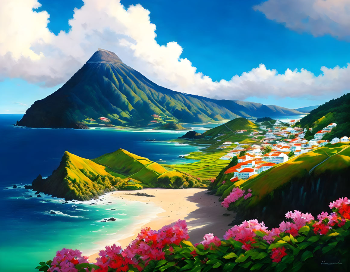 Scenic coastal village painting with mountain, greenery, beach, flowers