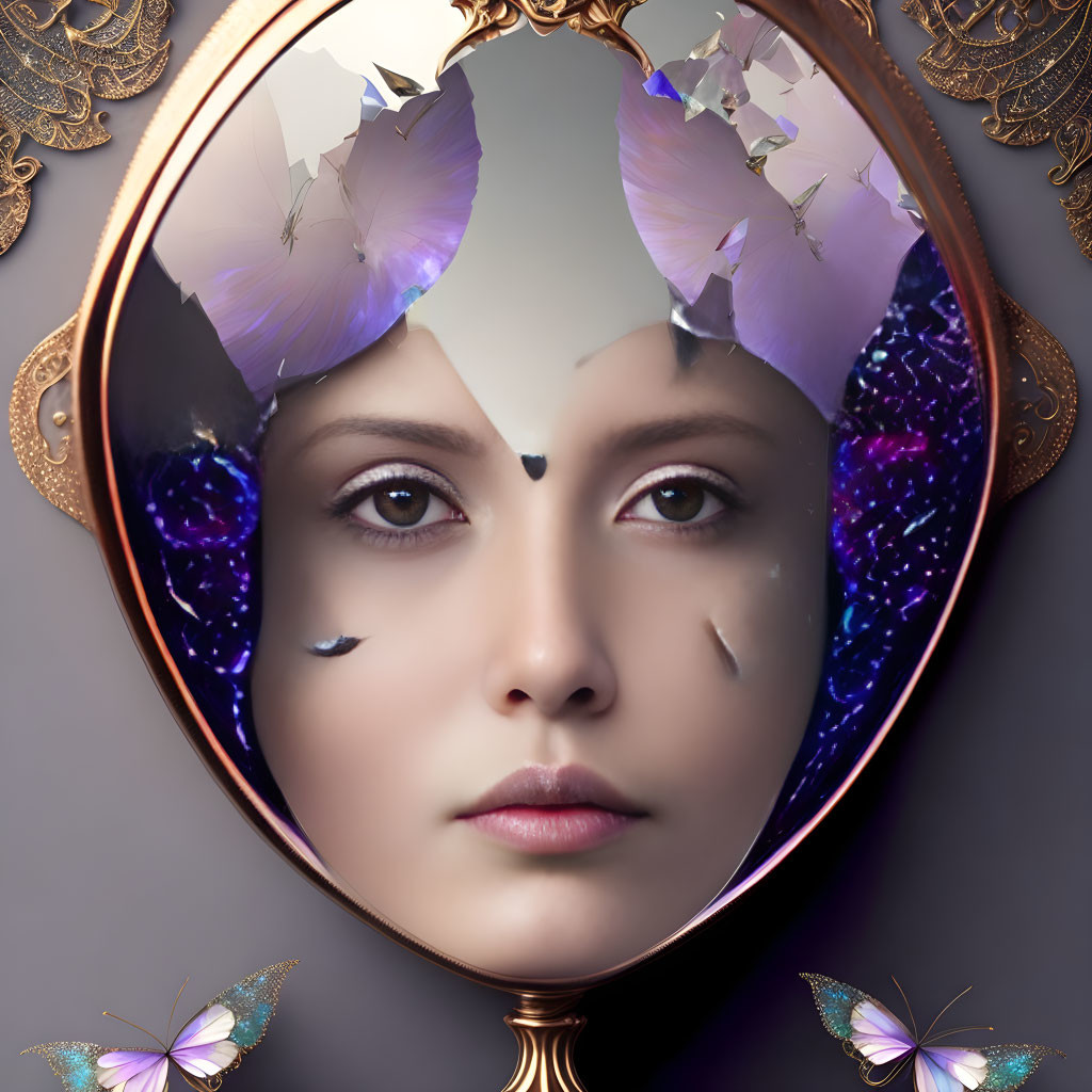 Reflective woman with butterfly crown in vintage mirror surrounded by butterflies