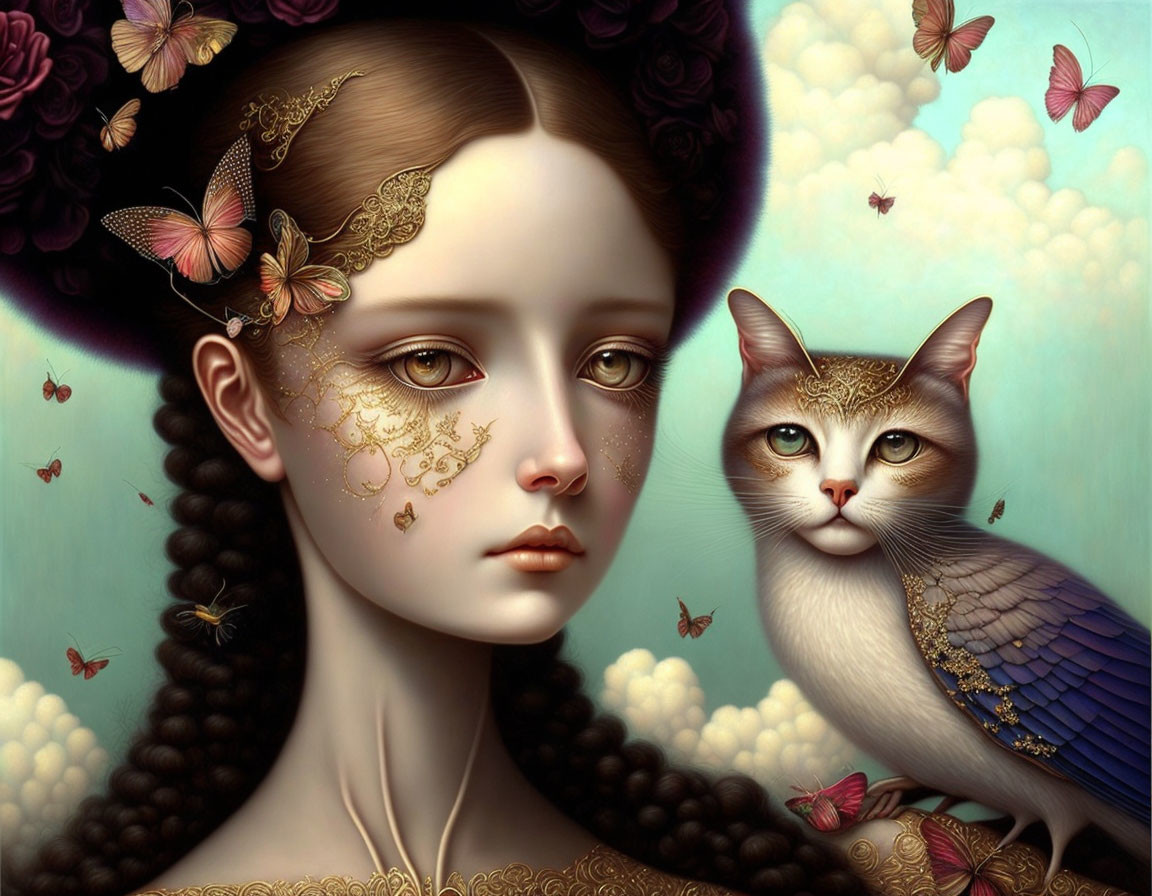 Surreal portrait of woman with gold facial adornments and cat with blue feathers surrounded by butterflies