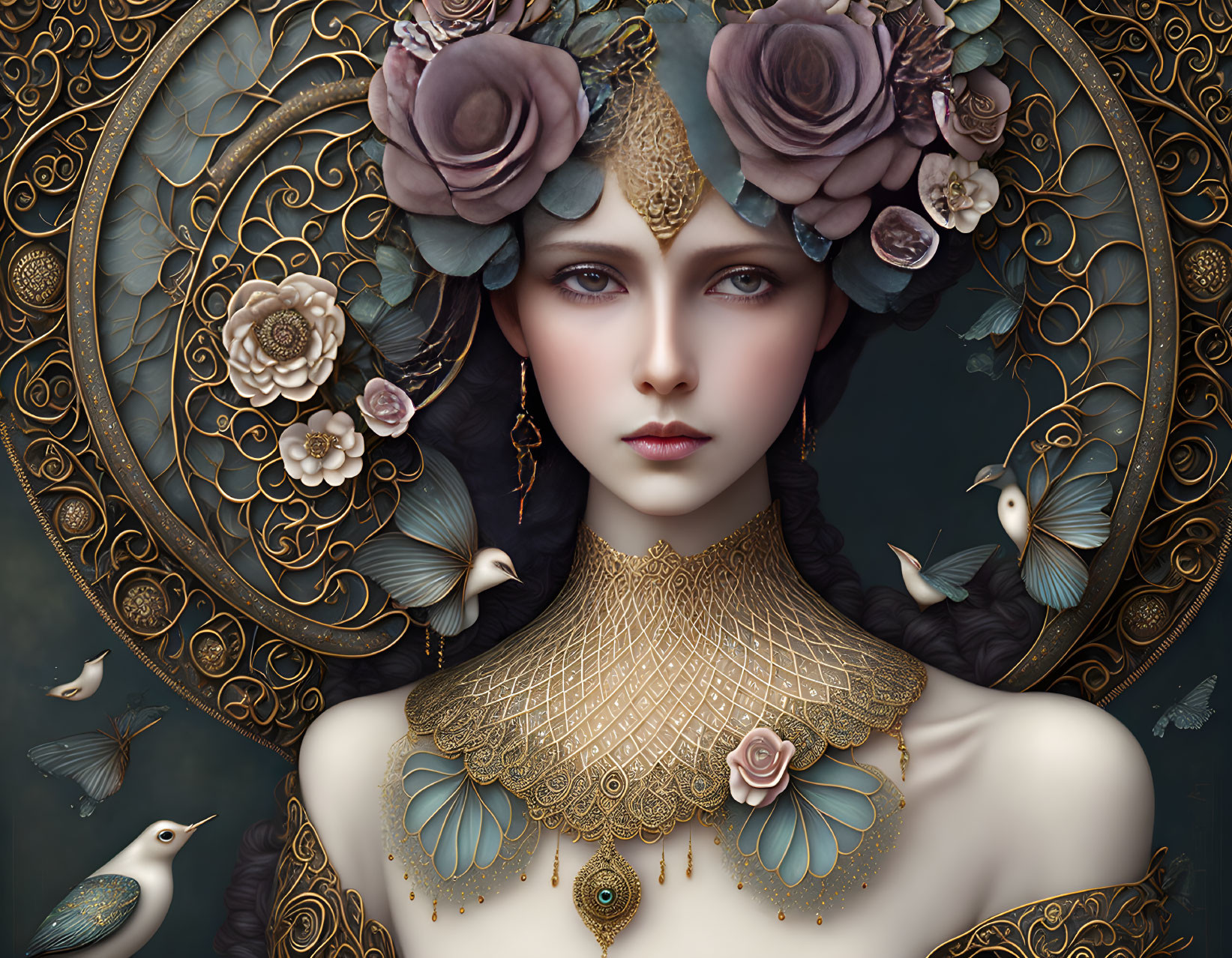 Fantastical female portrait with pale skin, violet eyes, golden headdress, floral decorations, orn