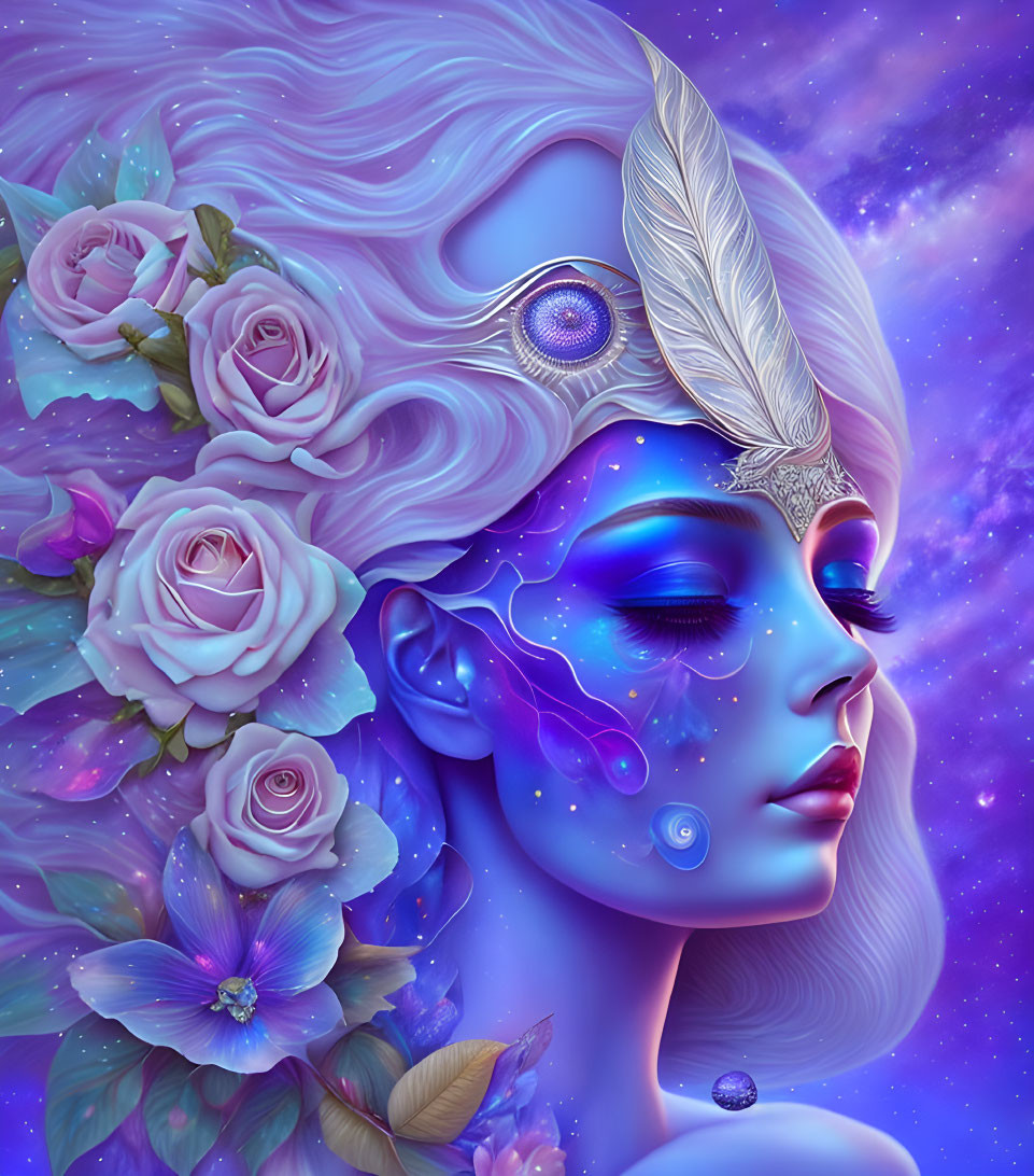 Fantastical female figure with purple-blue skin and feather crown portrait.