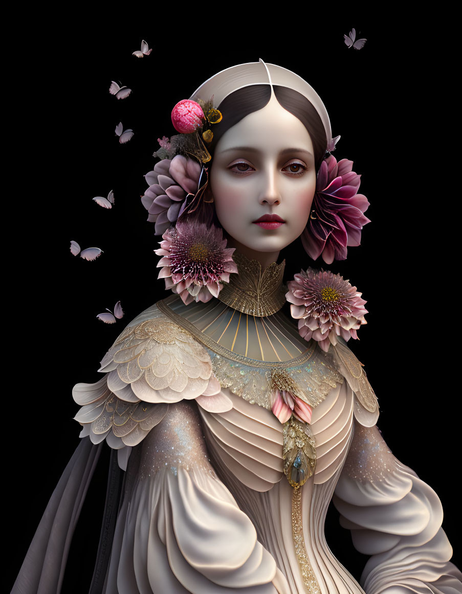 Digital artwork featuring woman with floral and feathered adornments and butterflies on dark background