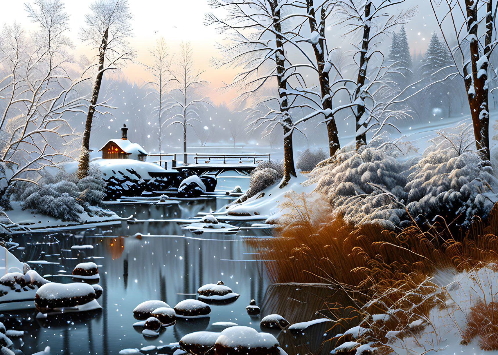 Snow-covered trees, cottage, bridge, and icy stream in serene winter landscape