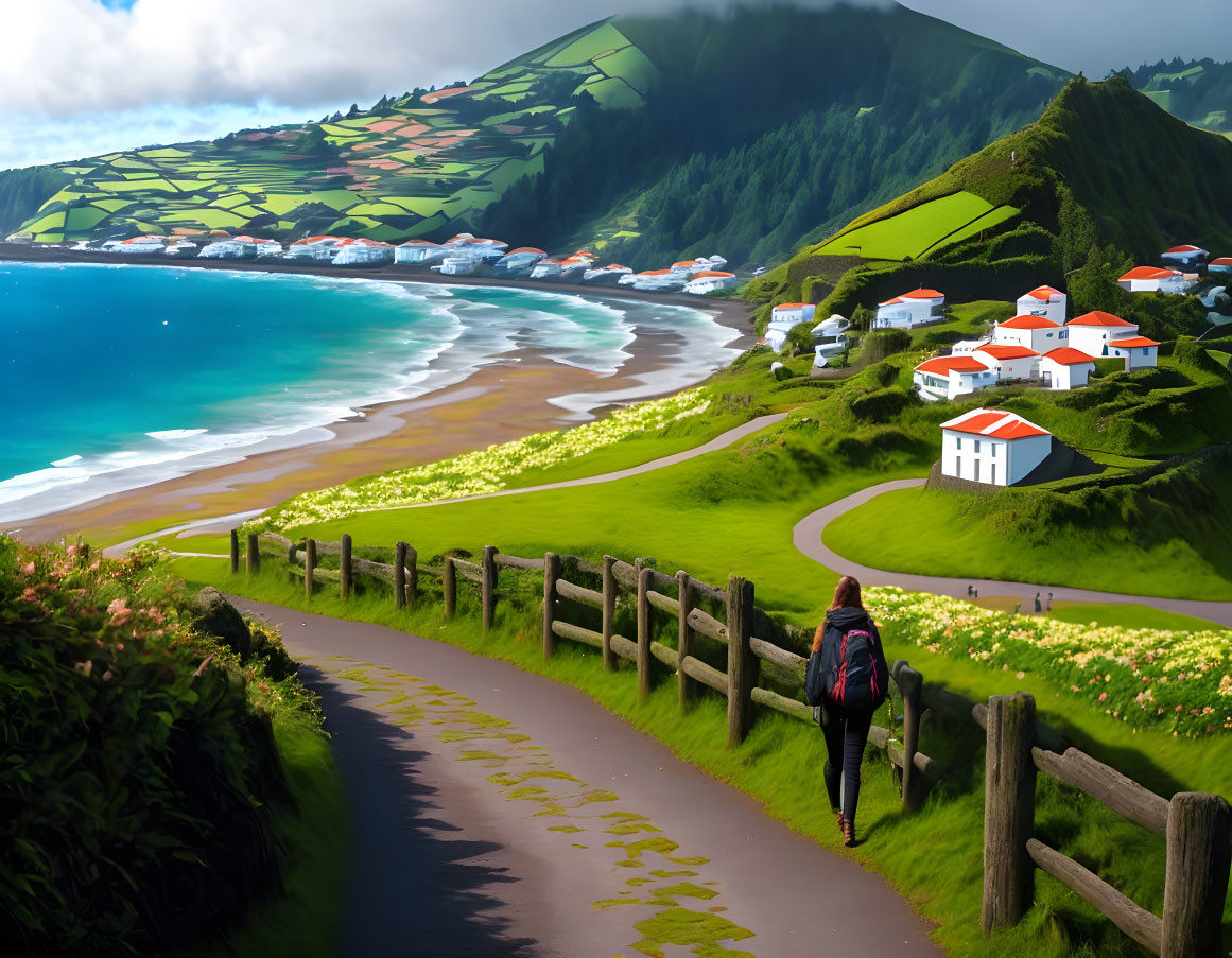 Scenic coastal path with beach, ocean, village, green hills, and cloudy sky