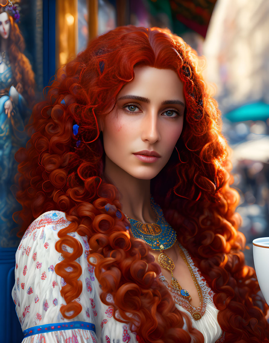 Woman with Red Curly Hair, Green Eyes, White Blouse, Blue Necklace, Holding Cup