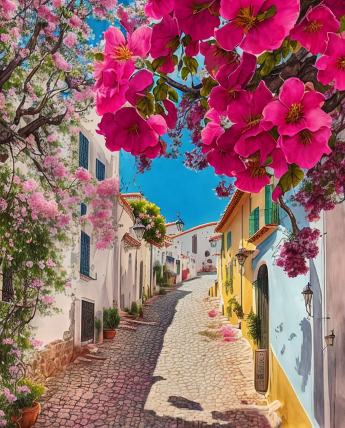 Traditional White Houses and Pink Flowers on Cobblestone Street