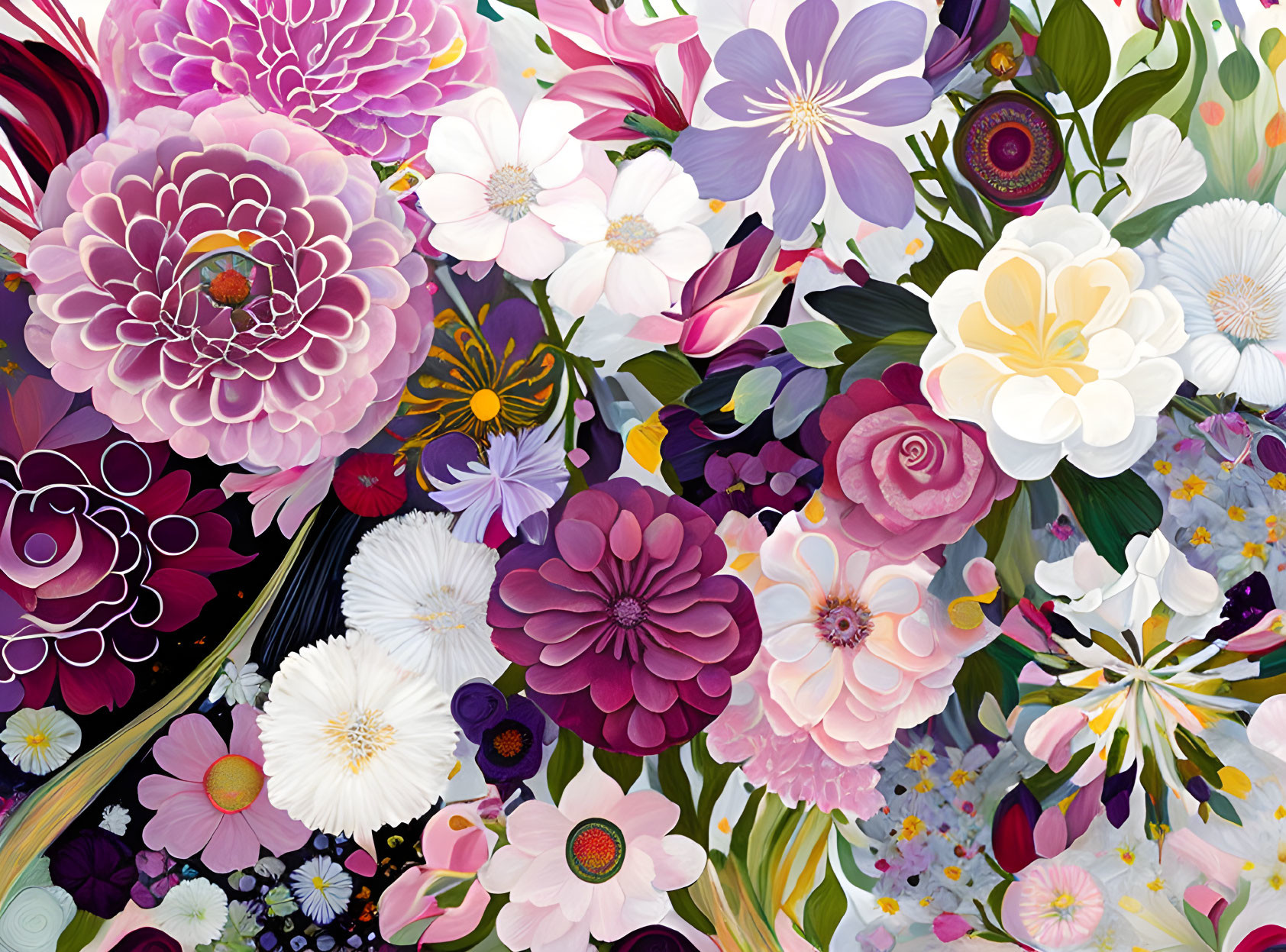 Colorful Floral Pattern with Densely Packed Flowers and Leaves