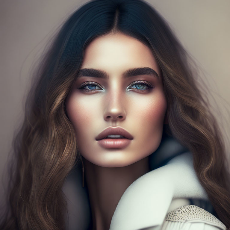 Woman with wavy hair and blue eyes in white coat stares intensely.