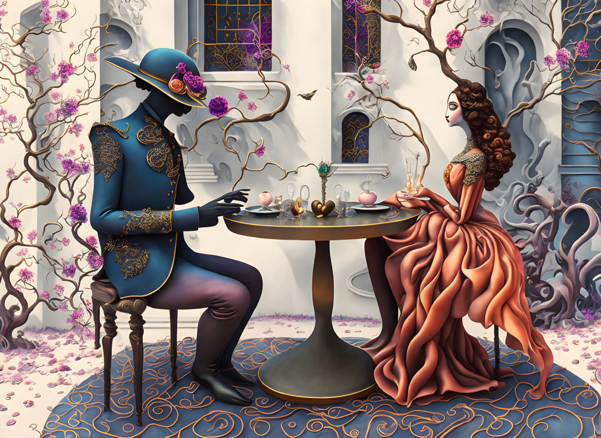 Surreal artwork featuring man and woman at table with odd shapes amid twisted trees