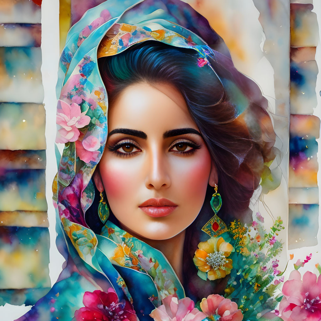 Colorful digital portrait of a woman with floral scarf, intense eyes, and bold makeup on mosaic backdrop