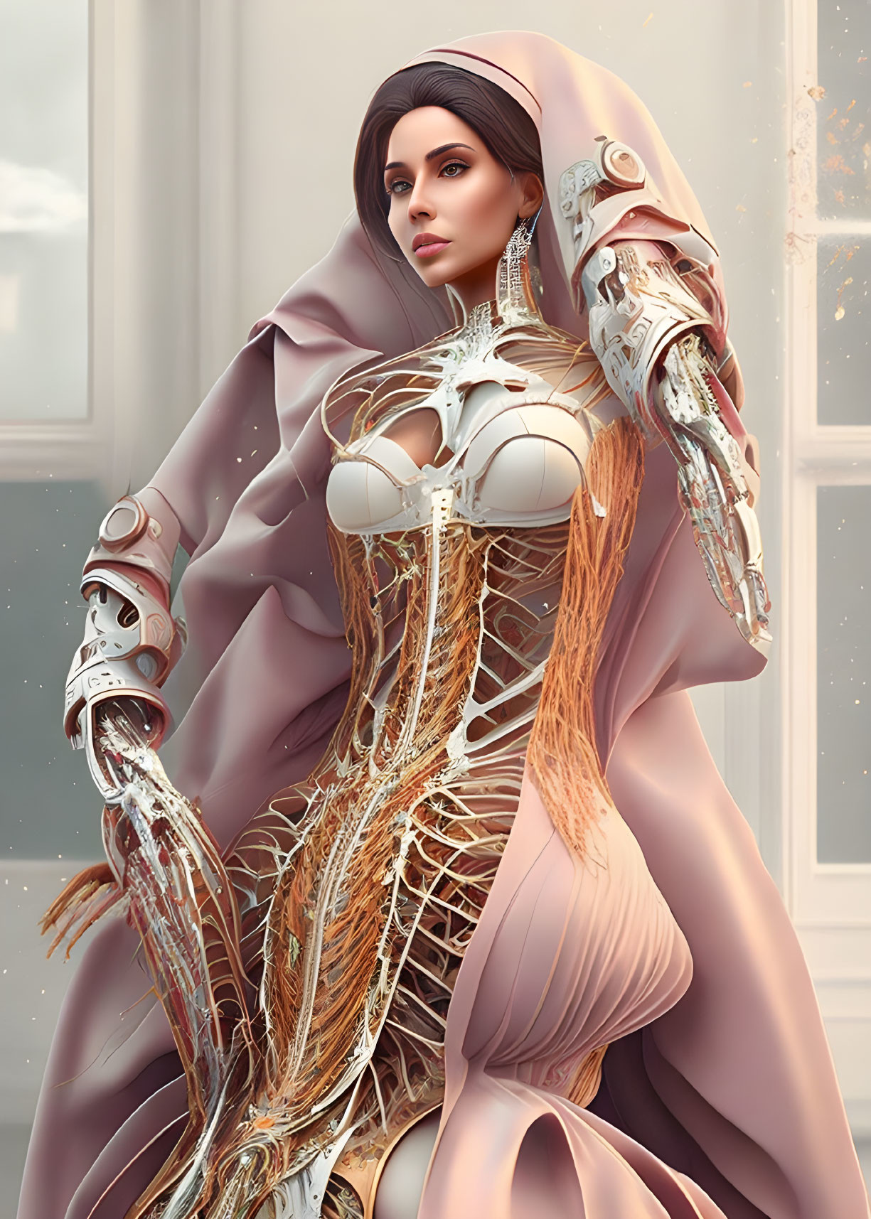 Futuristic woman with mechanical arms and braided hair in white corset and lavender cloak