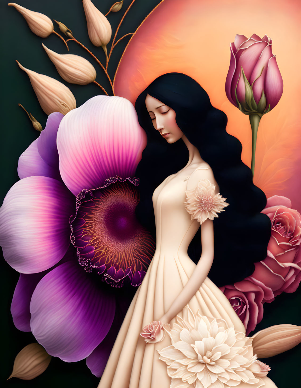 Woman with Black Hair Surrounded by Vibrant Flowers and Floral Elements