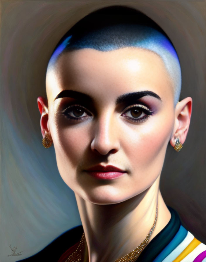 Portrait of woman with shaved head, bold eyebrows, hoop earrings, and colorful attire against blurred backdrop