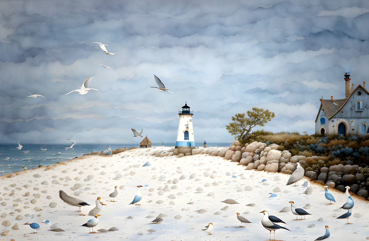 Tranquil beach landscape with lighthouse, seagulls, and seashells