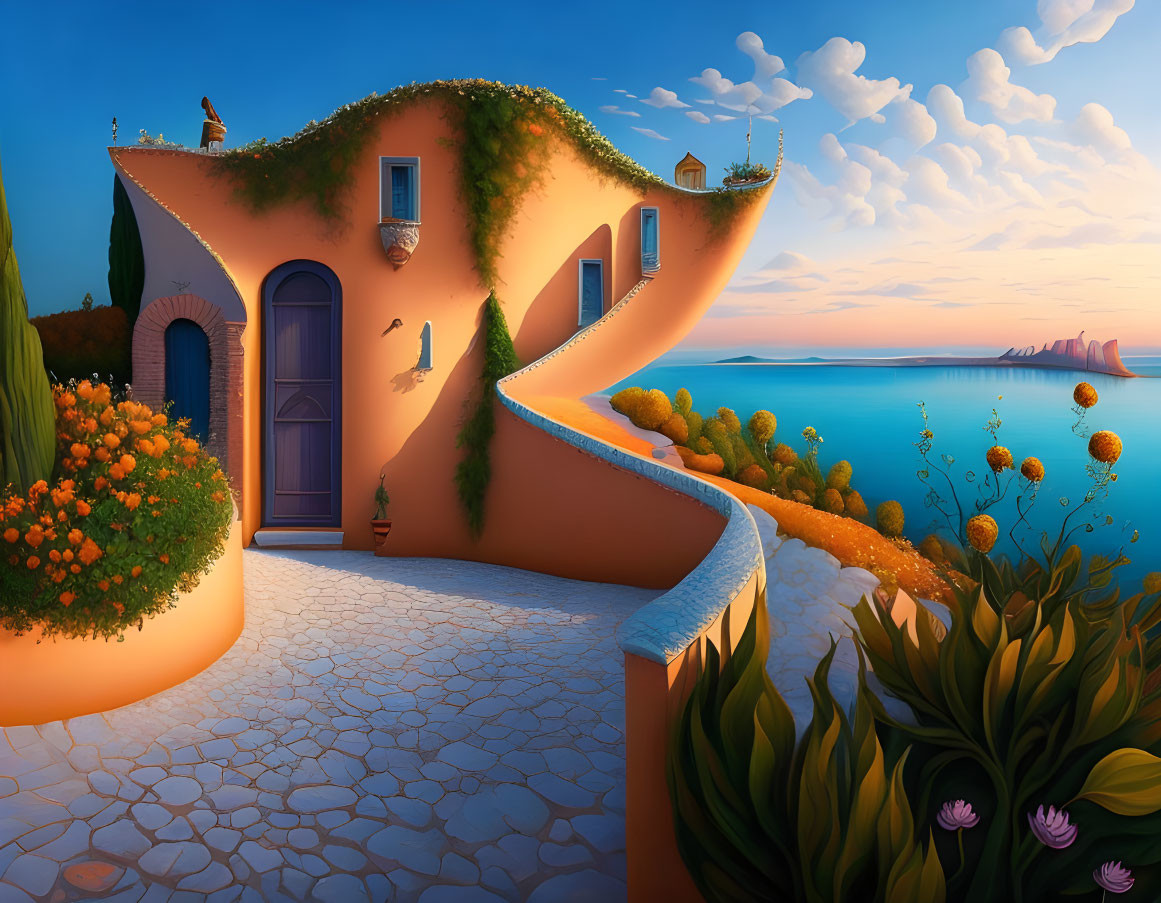 Colorful Painting: Curvy Orange House with Blue Doors and Sea View