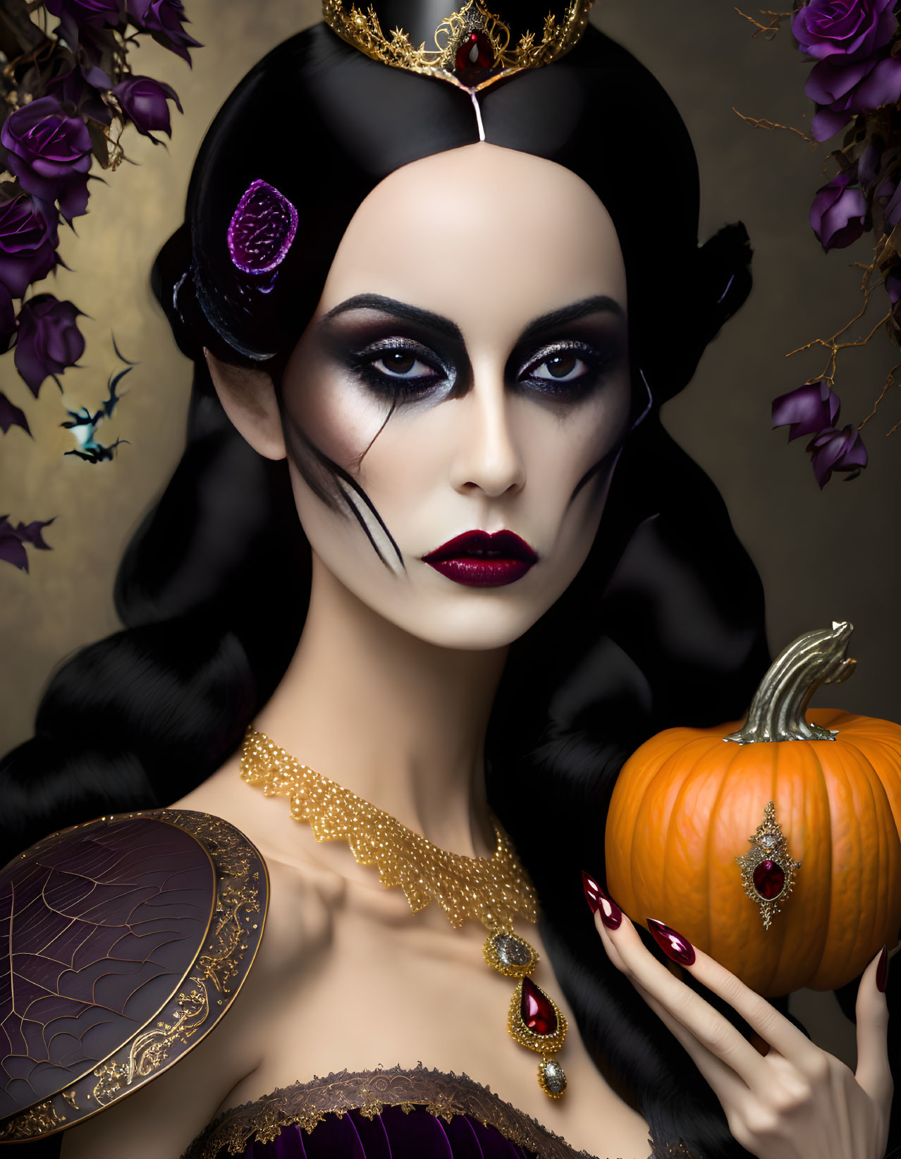 Woman in Dark Queen Attire with Crown, Pumpkin, Purple Roses, and Dramatic Makeup