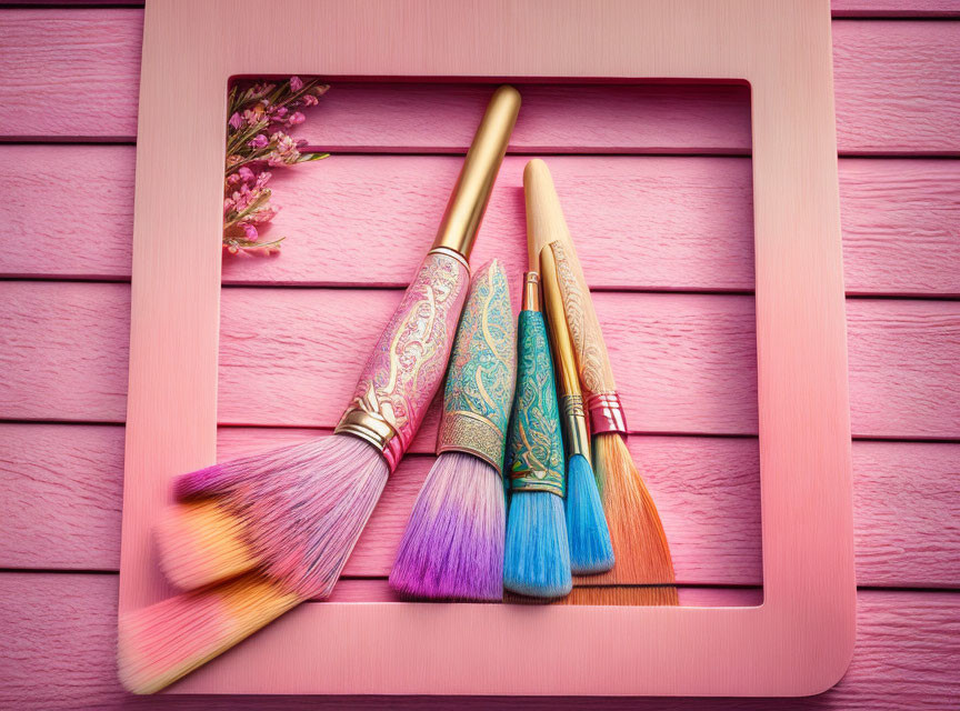 Three Vibrant Makeup Brushes in Pink Frame on Textured Background with Lavender