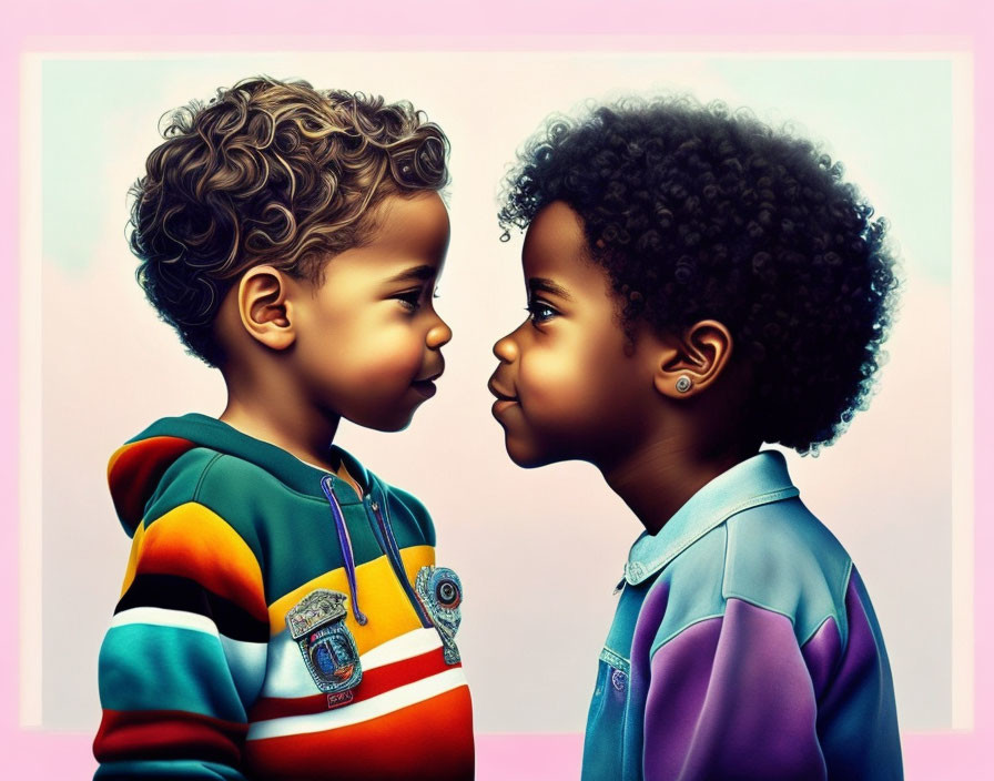 Animated children with curly hair in colorful attire on gradient backdrop