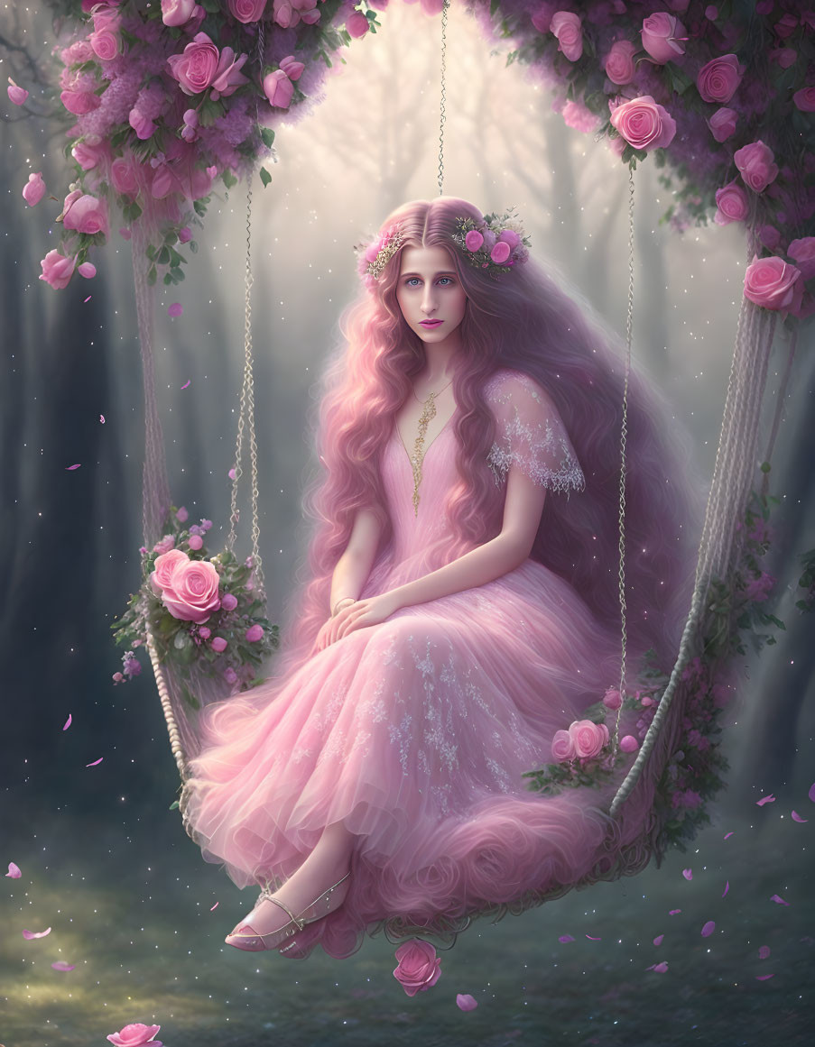 Woman with Long Wavy Hair on Flower Swing in Mystical Forest